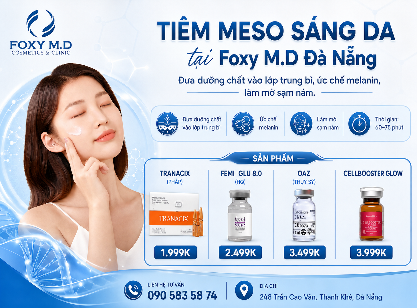 Tiêm Meso Sáng Da Đà Nẵng — Tranacix, Femi GLU, OAZ, Cellbooster Glow tại Foxy M.D Clinic